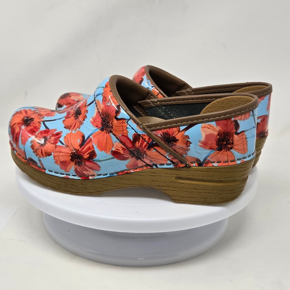 Dansko Professional Clogs Blue Orange Poppy Floral Patent Leather Shoes 37